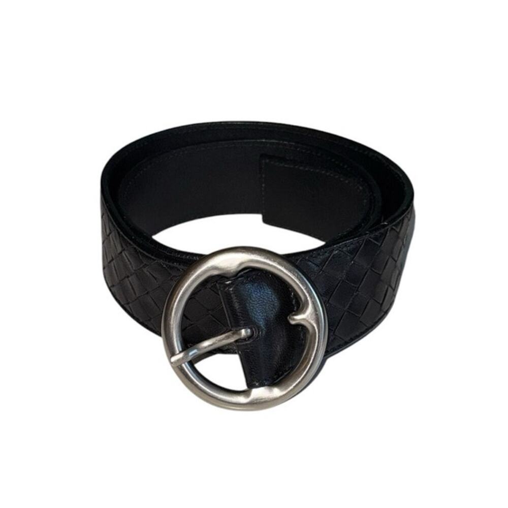 Bottega Veneta Intrecciato Leather Belt Black Silver Buckle 34 Made in Italy